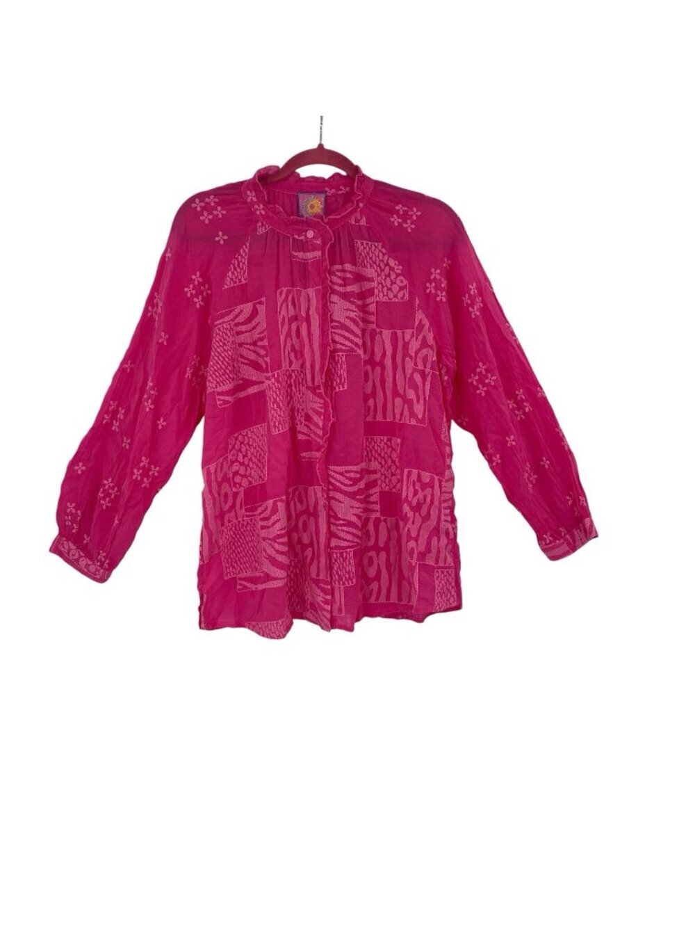 Johnny Was Women's Size M Magenta Molli Button-Up Animal Print Sheer Blouse NEW